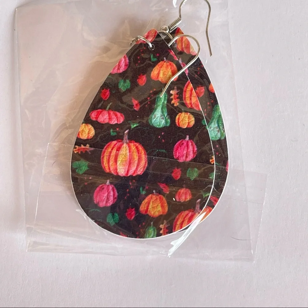 Fall festive pumpkin multicolor faux leather tear drop earrings